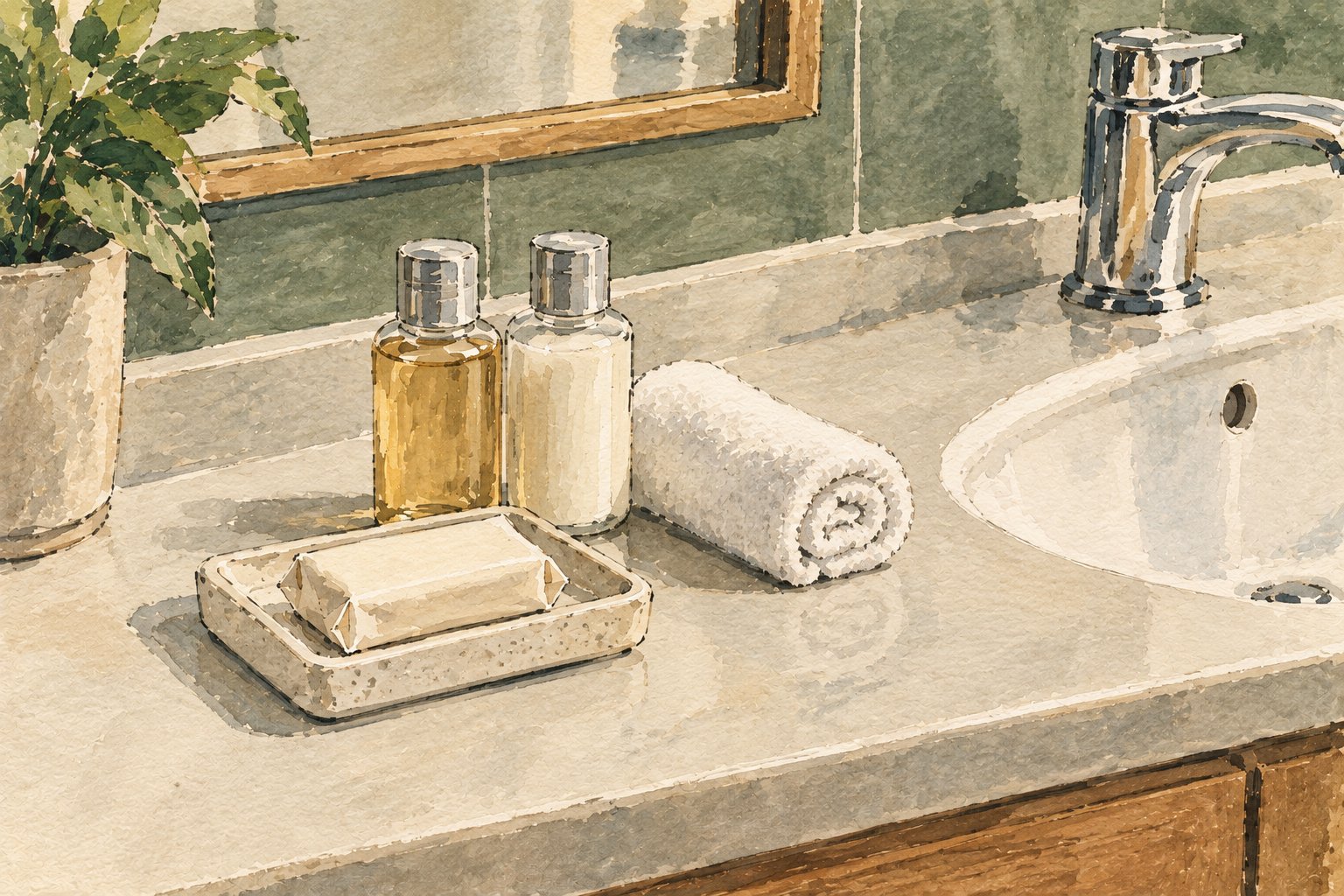Watercolor painting of a bathroom counter with a potted plant, toiletries, a rolled towel, and a sink.