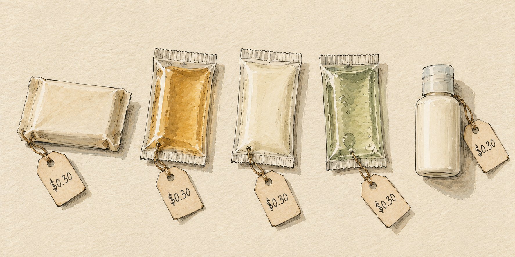 Watercolor illustration of various hotel toiletries, including soap, shampoo sachets, and a bottle, each priced at $0.30.