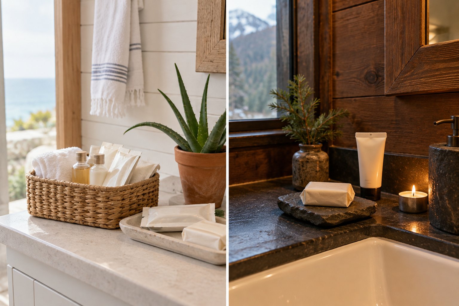 Two bathroom scenes featuring toiletries; one bright with an ocean view, the other dark with a mountain view and candle.