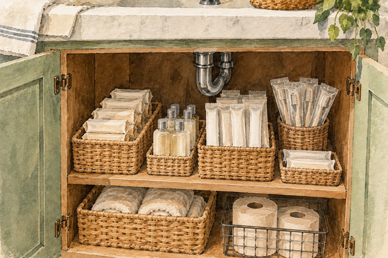 An open wooden bathroom cabinet reveals neatly organized toiletries like soaps, shampoos, toothbrushes, towels, and toilet paper in woven baskets.
