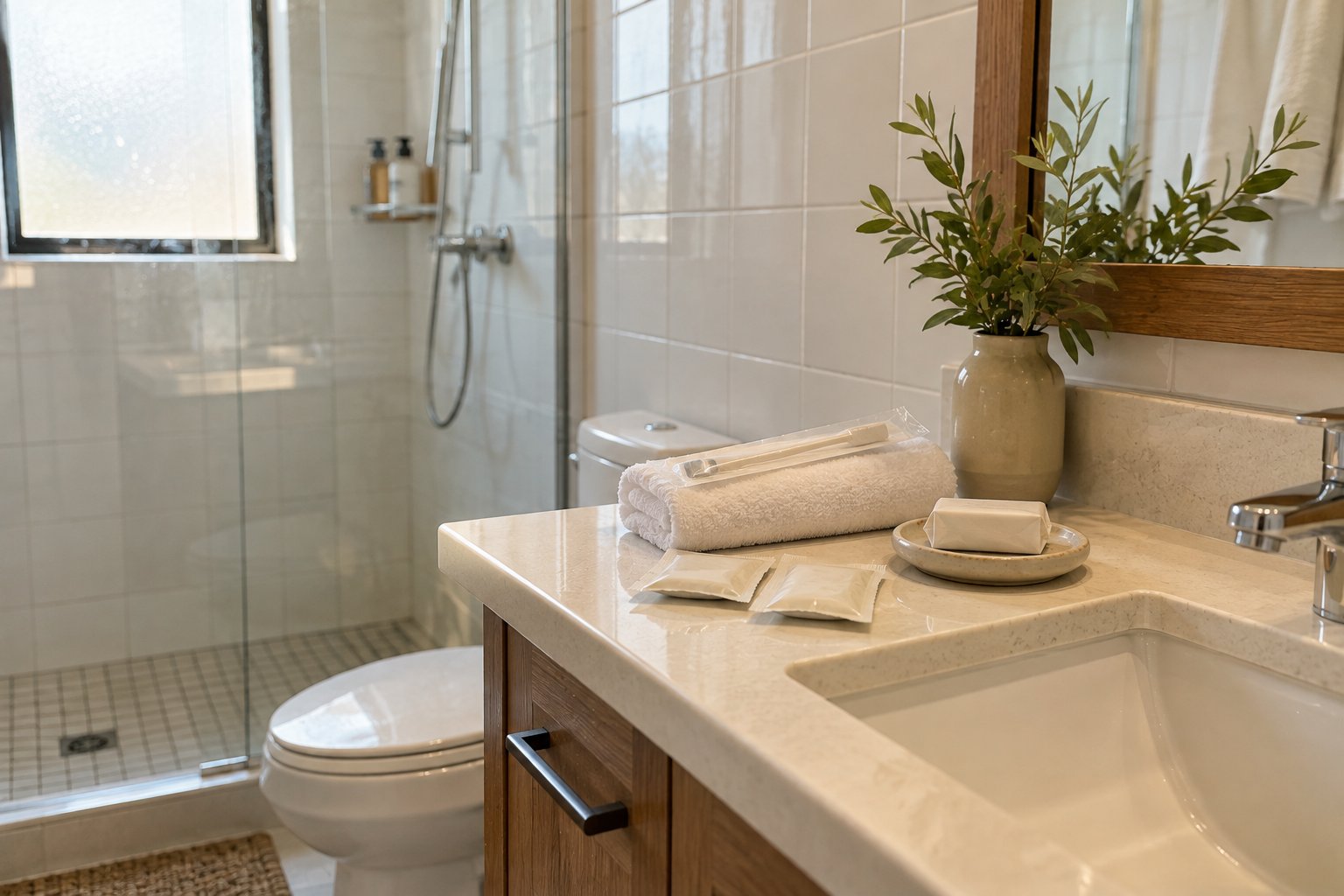 A clean, modern bathroom vanity featuring a sink, wooden cabinet, white towel, soap, toothbrush, and green plant.