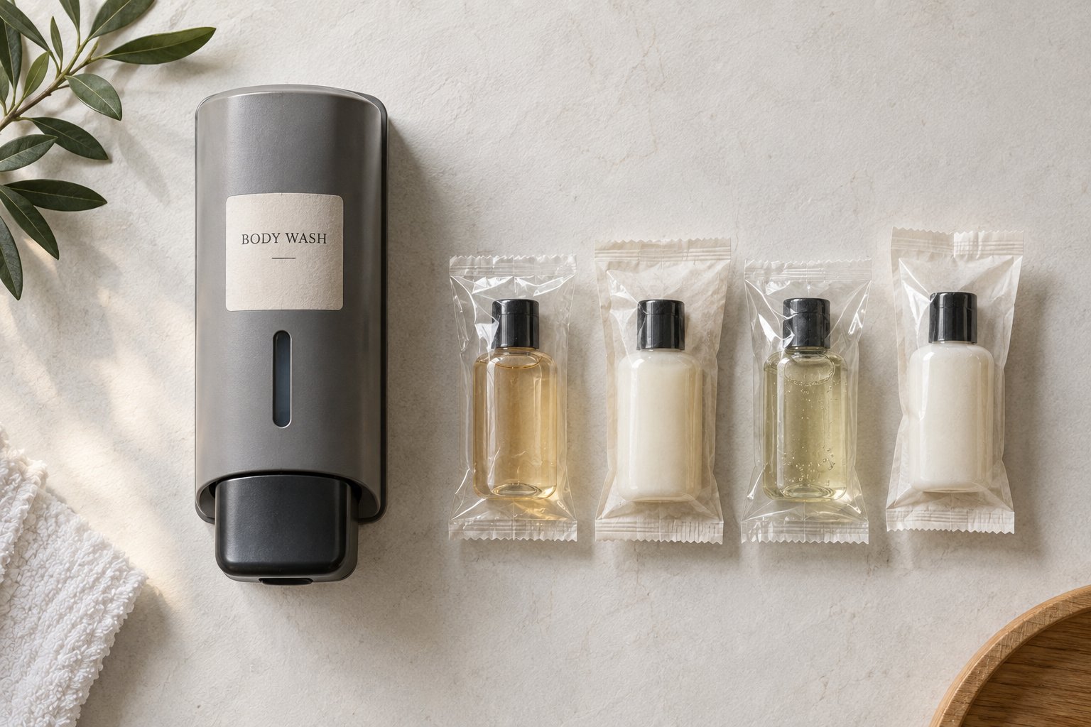 A grey wall-mounted body wash dispenser and four small individually packaged toiletry bottles on a light surface.
