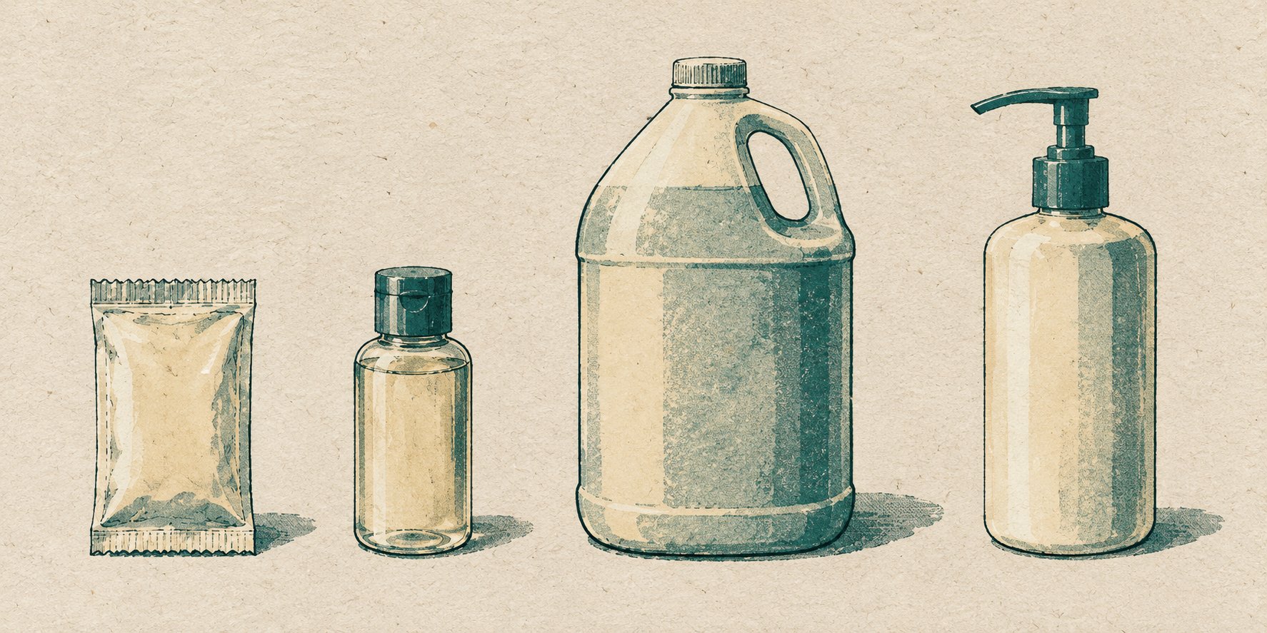 A vintage drawing of various liquid product containers: a sachet, a small bottle, a gallon jug, and a pump bottle.