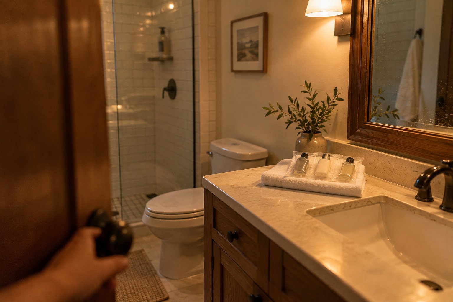 A hand opening a door to a warmly lit bathroom with a vanity, mirror, toilet, and shower.