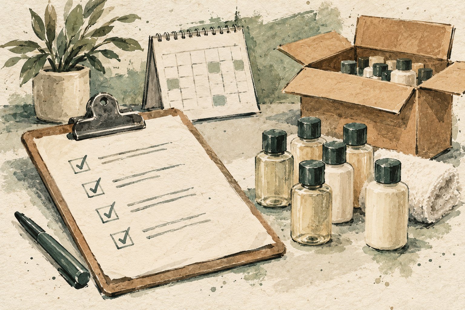 A watercolor image of a desk with a plant, calendar, clipboard checklist, pen, and many small toiletries.