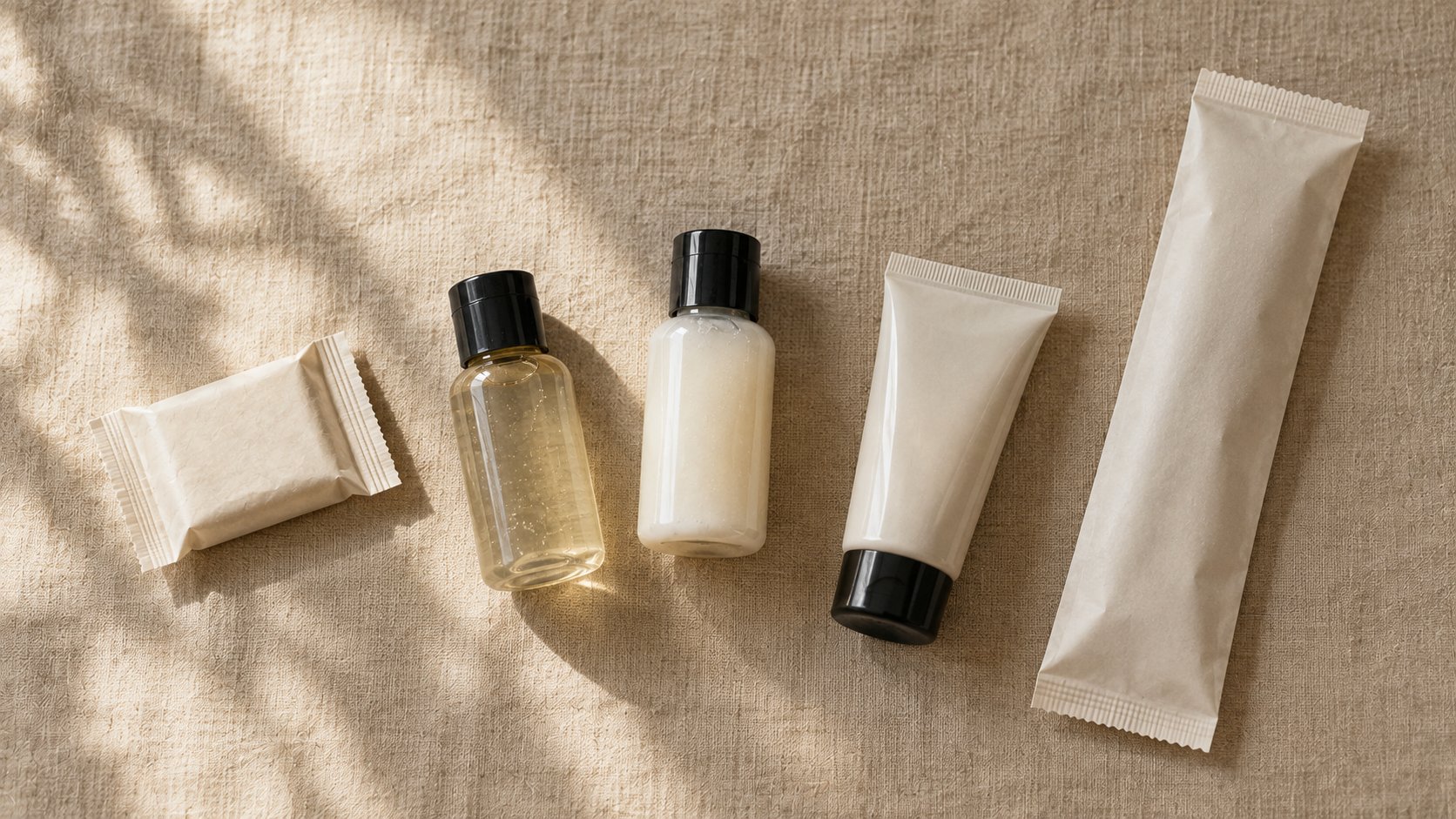 A flat lay of various hotel toiletries, including soap, shampoo, conditioner, and lotion, on a beige fabric.