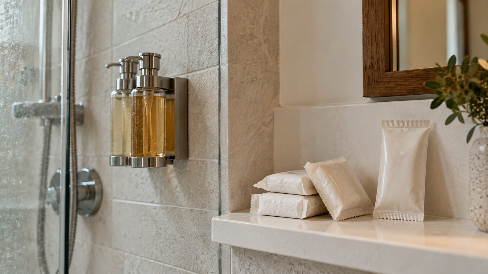 Modern bathroom with wall-mounted shower gel and shampoo dispensers, alongside white packaged toiletries on a shelf.