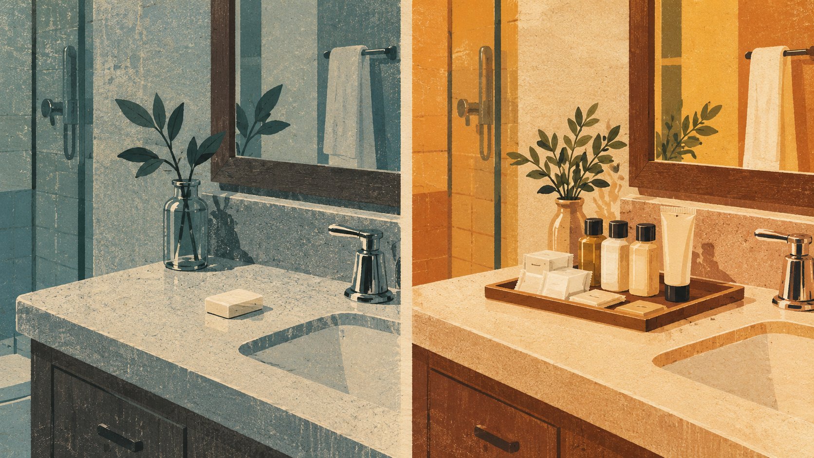 Two bathroom vanities, one minimalist and cool-toned, the other warm-toned with hotel toiletries.
