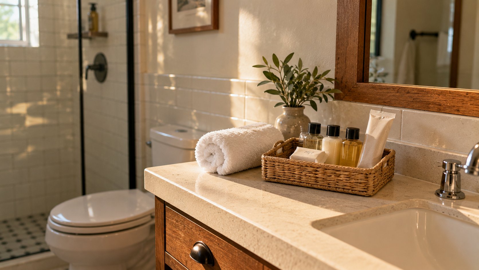 Warmly lit bathroom featuring a vanity with a white towel, a plant, and a basket of hotel amenities.