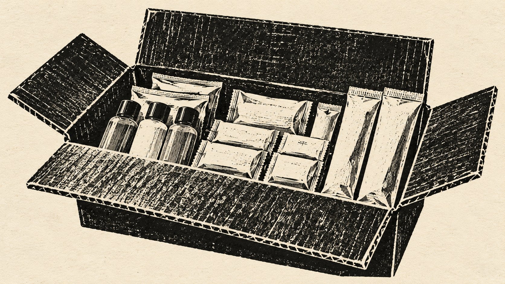 A black and white linocut illustration shows an open box filled with travel-sized toiletries and packaged items.