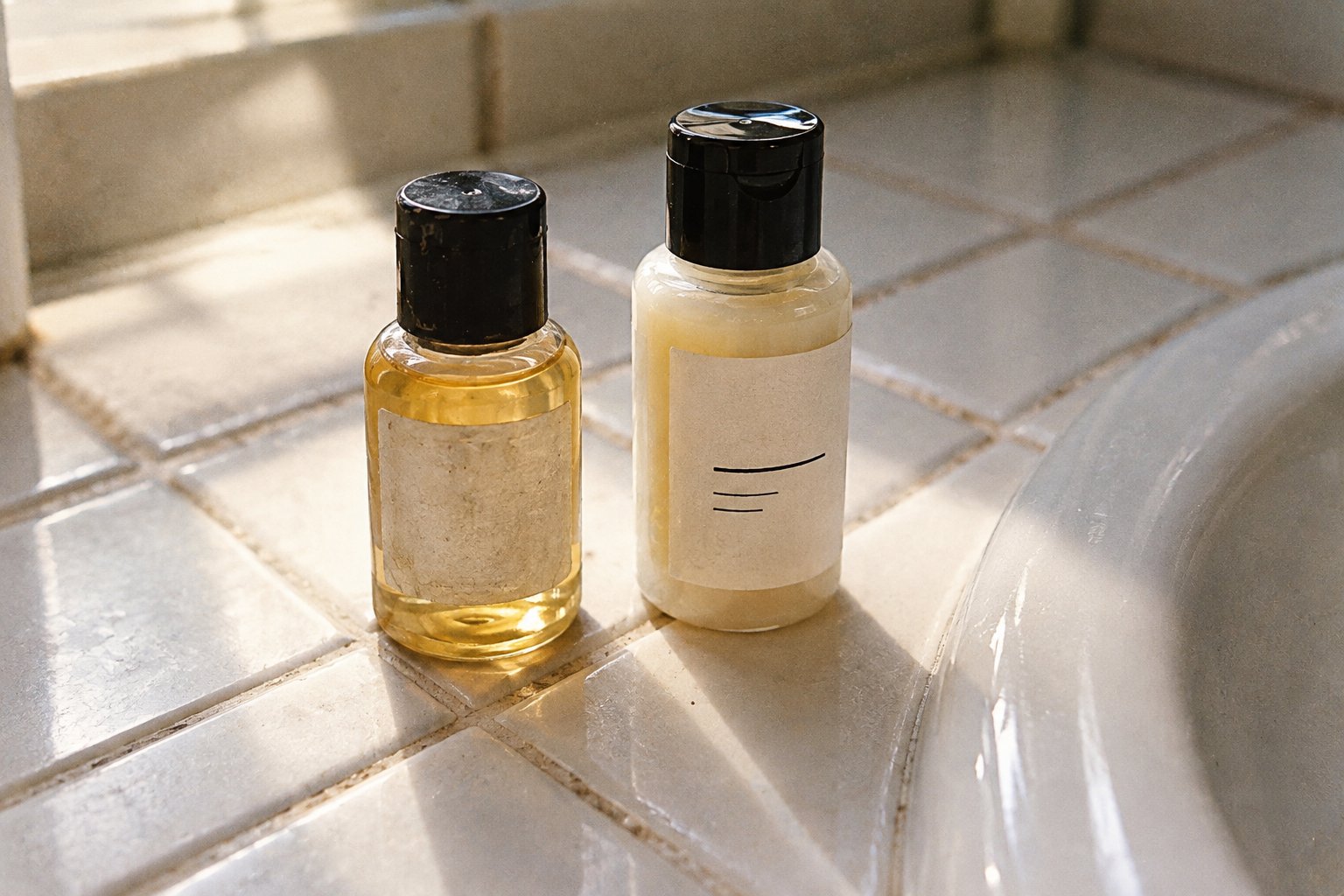 Two travel-sized bottles, one yellow liquid and one white creamy, on a tiled bathroom counter.