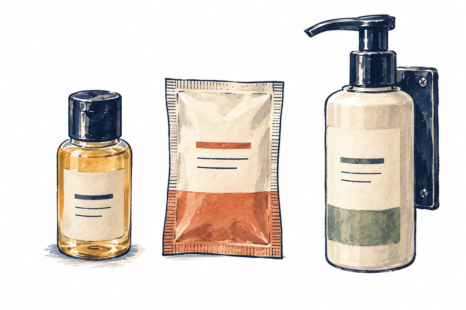 Watercolor illustration of three hotel amenities: a small bottle, a sachet, and a wall-mounted pump dispenser.
