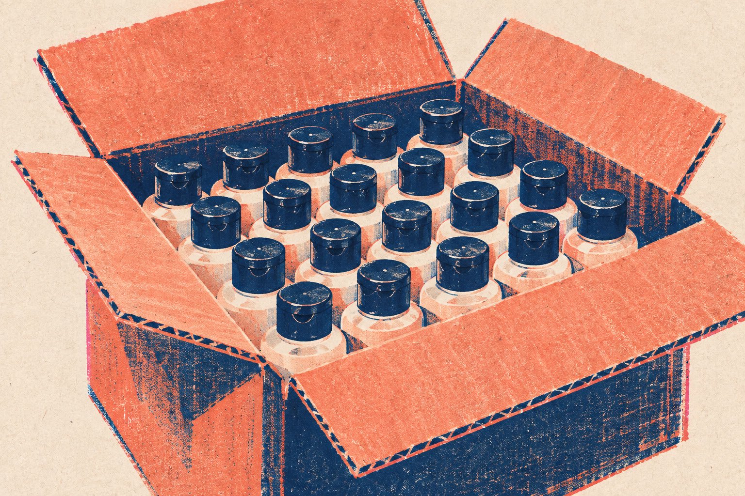 Textured illustration of an open carton full of small shampoo-like bottles with dark flip-top caps.