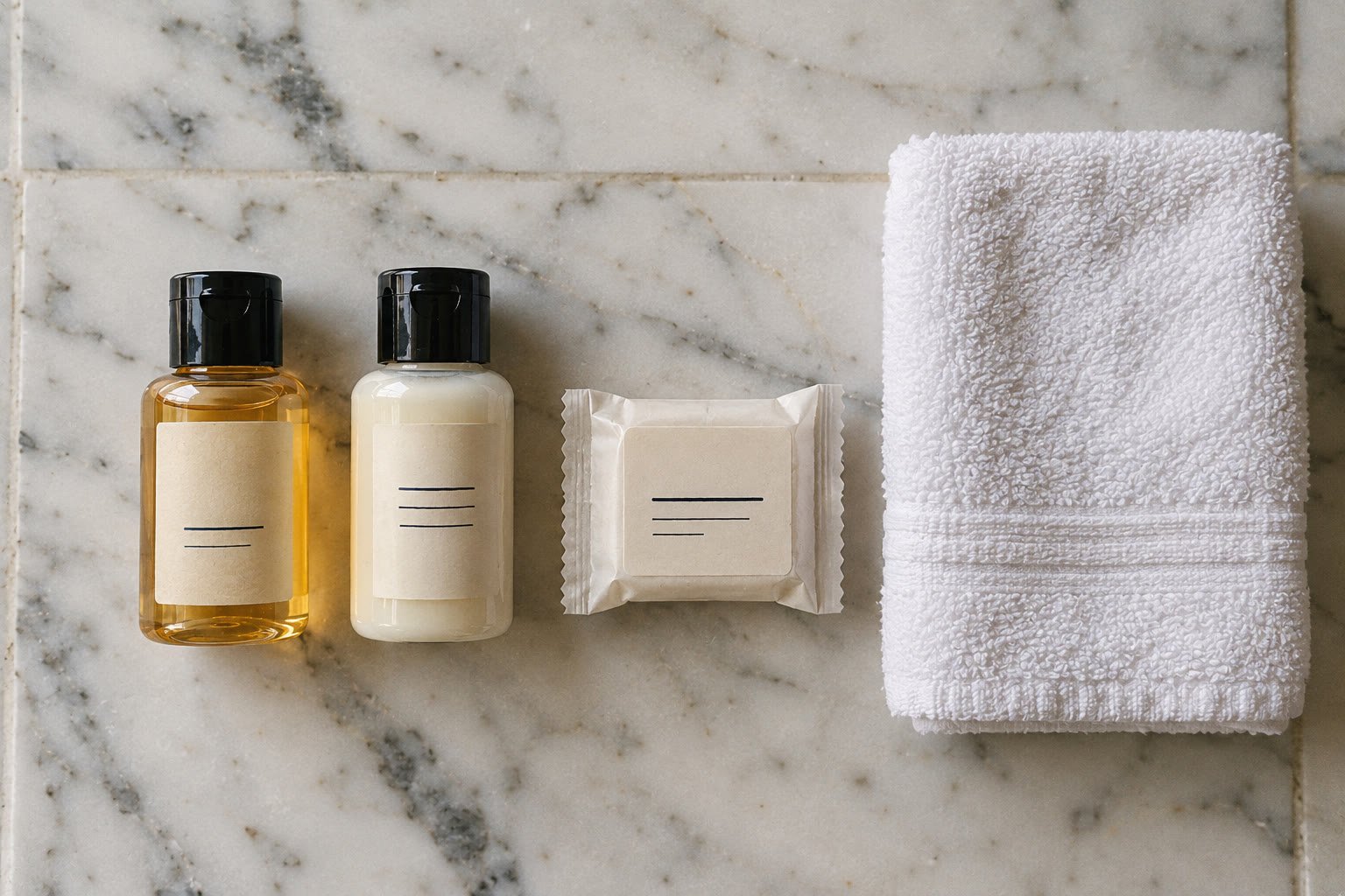 Hotel amenities including small bottles of shampoo and conditioner, a bar of soap, and a white towel.