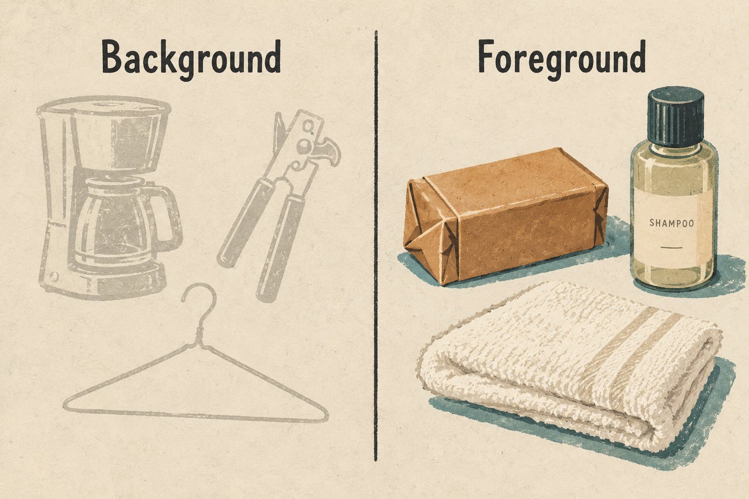 Faded background items include a coffee maker, can opener, and hanger, contrasted with colorful foreground items like soap, shampoo, and a towel.