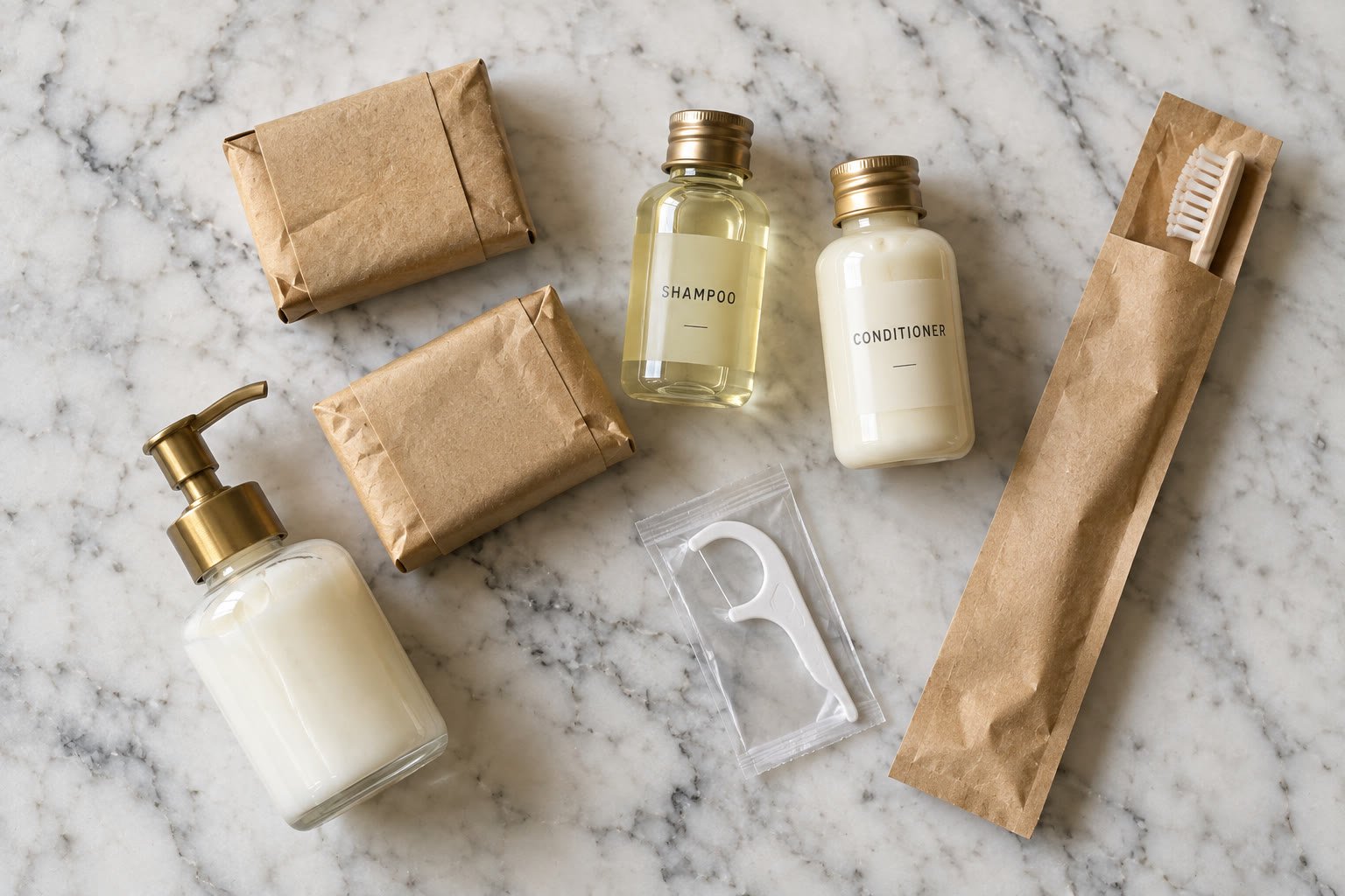 A flat lay of minimalist, eco-friendly toiletries for a vacation rental on a marble counter.