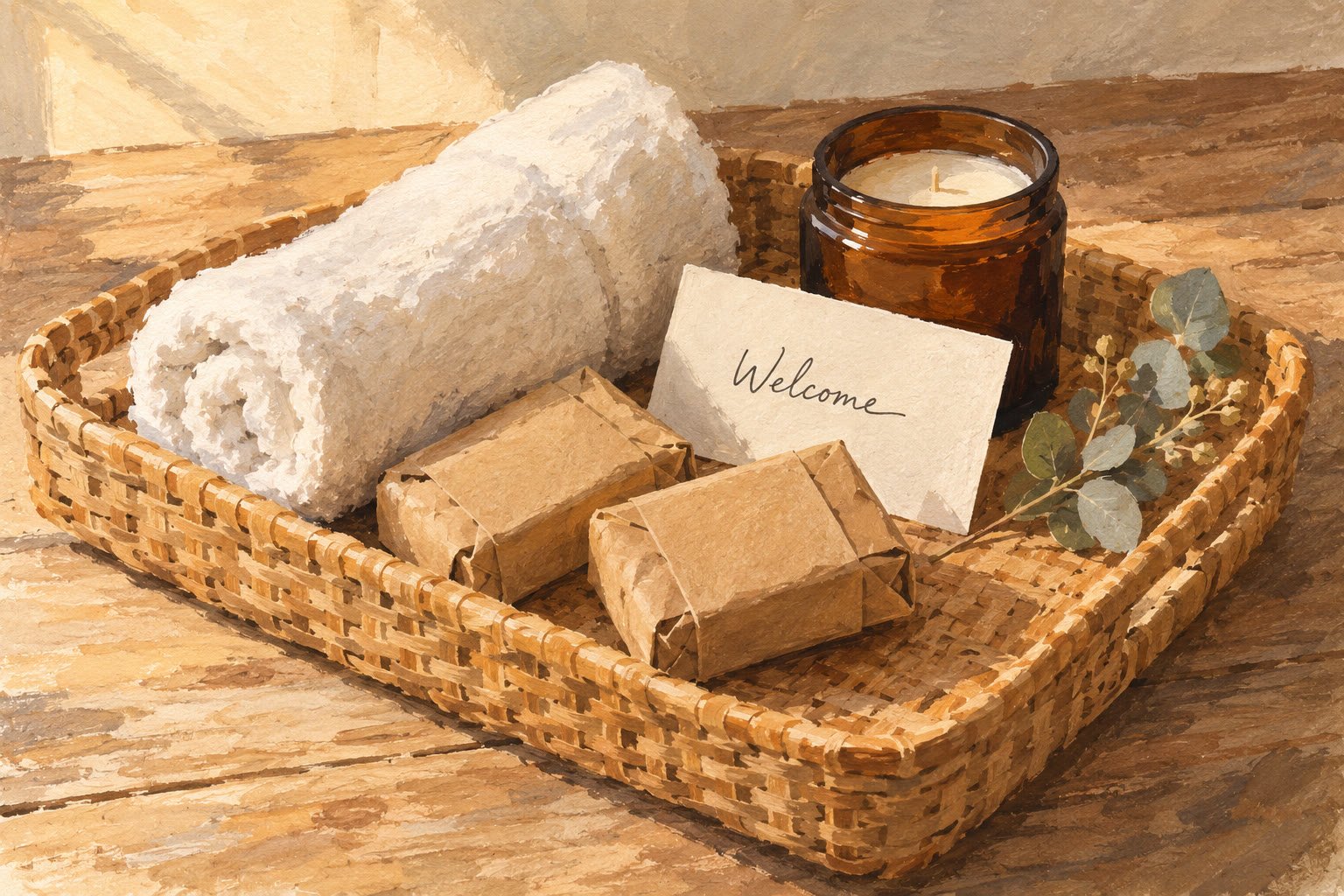 A woven basket holds a rolled towel, two wrapped soaps, a welcome note, a candle, and eucalyptus.