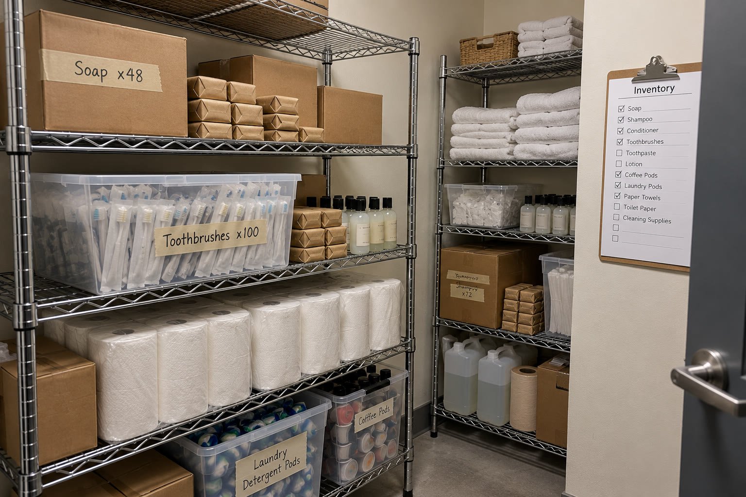 Shelves stocked with bulk vacation rental supplies like soap, toothbrushes, and paper towels.