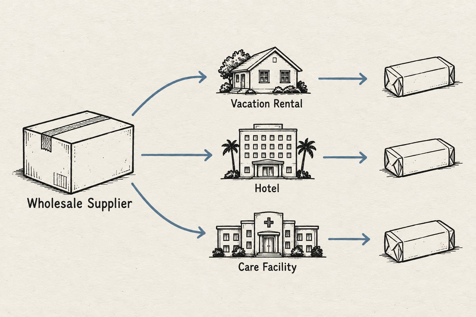 Diagram showing a wholesale supplier distributing packaged products to vacation rentals, hotels, and care facilities.