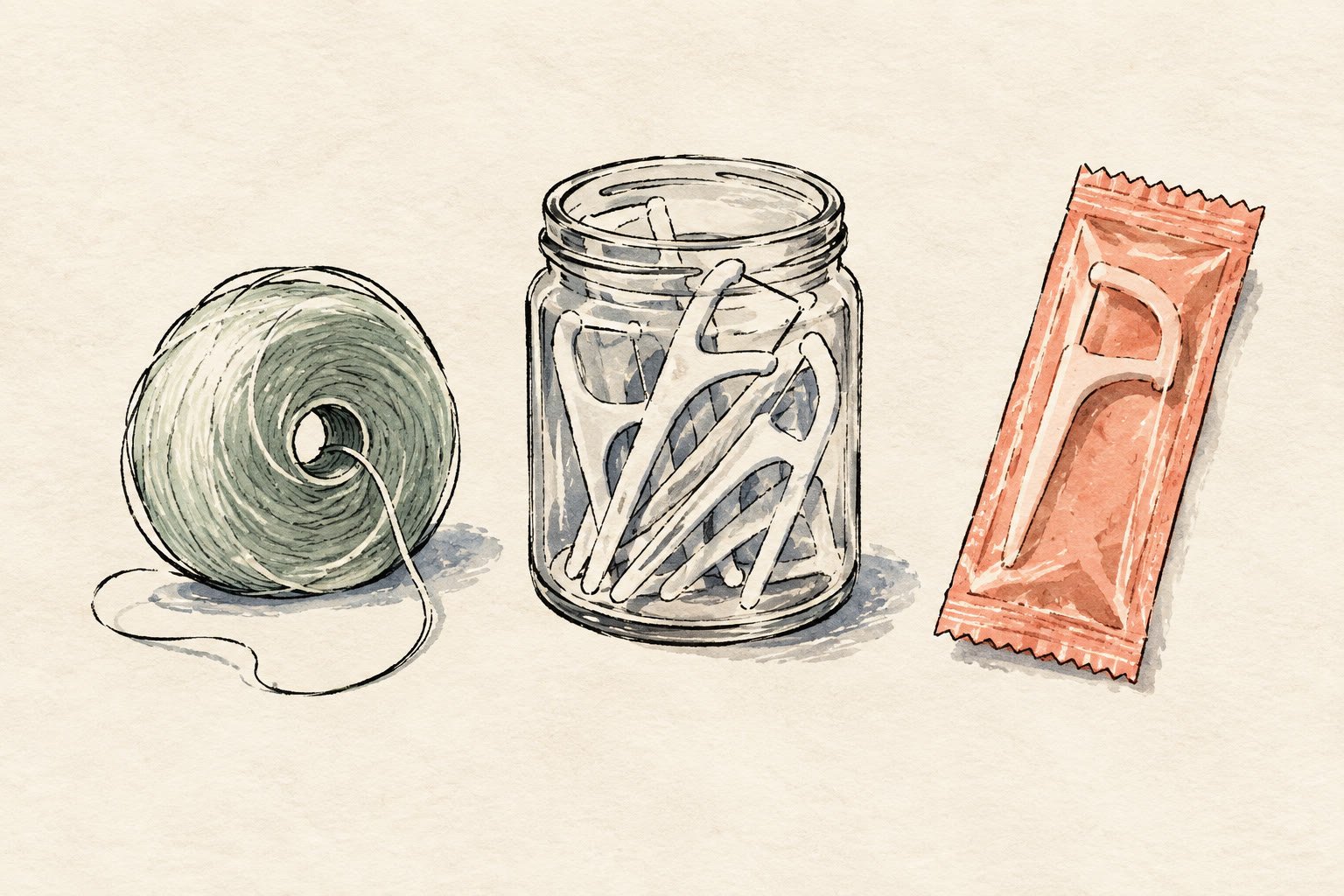 An illustration showing a spool of dental floss, a jar of floss picks, and an individually wrapped floss pick.
