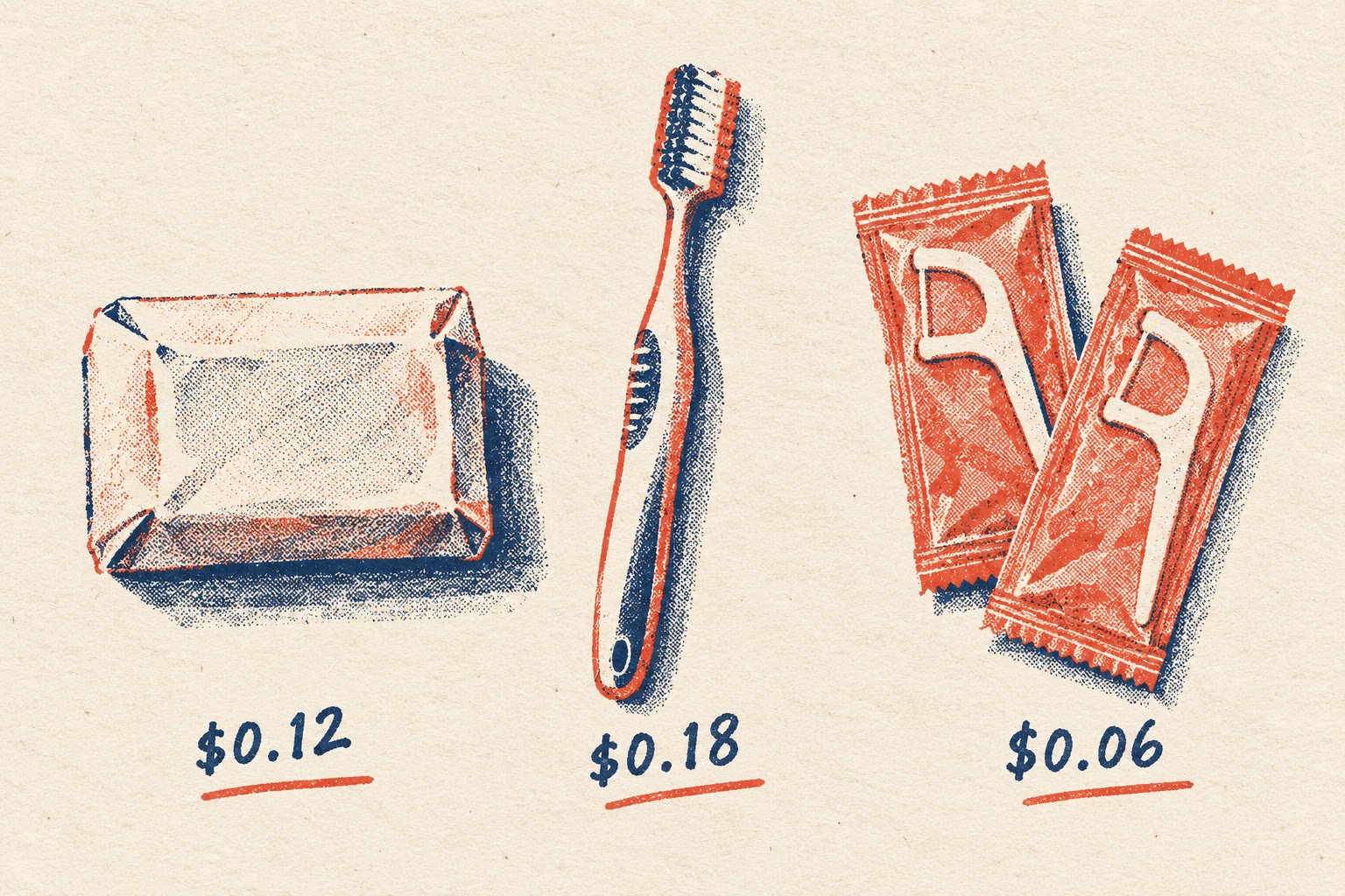 A rustic illustration showing a bar of soap, a toothbrush, and two floss picks with prices.