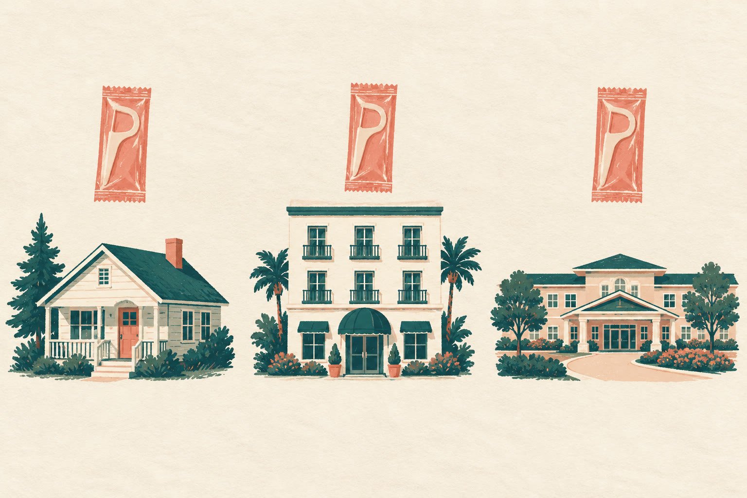 Three distinct buildings: a house, a hotel, and a large complex, each with a floss pick packet floating above.