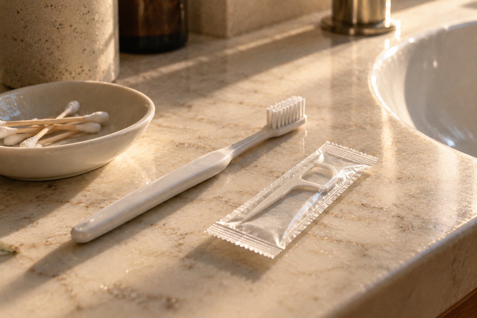Bathroom counter with a white toothbrush, a bowl of cotton swabs, and a packaged floss pick.