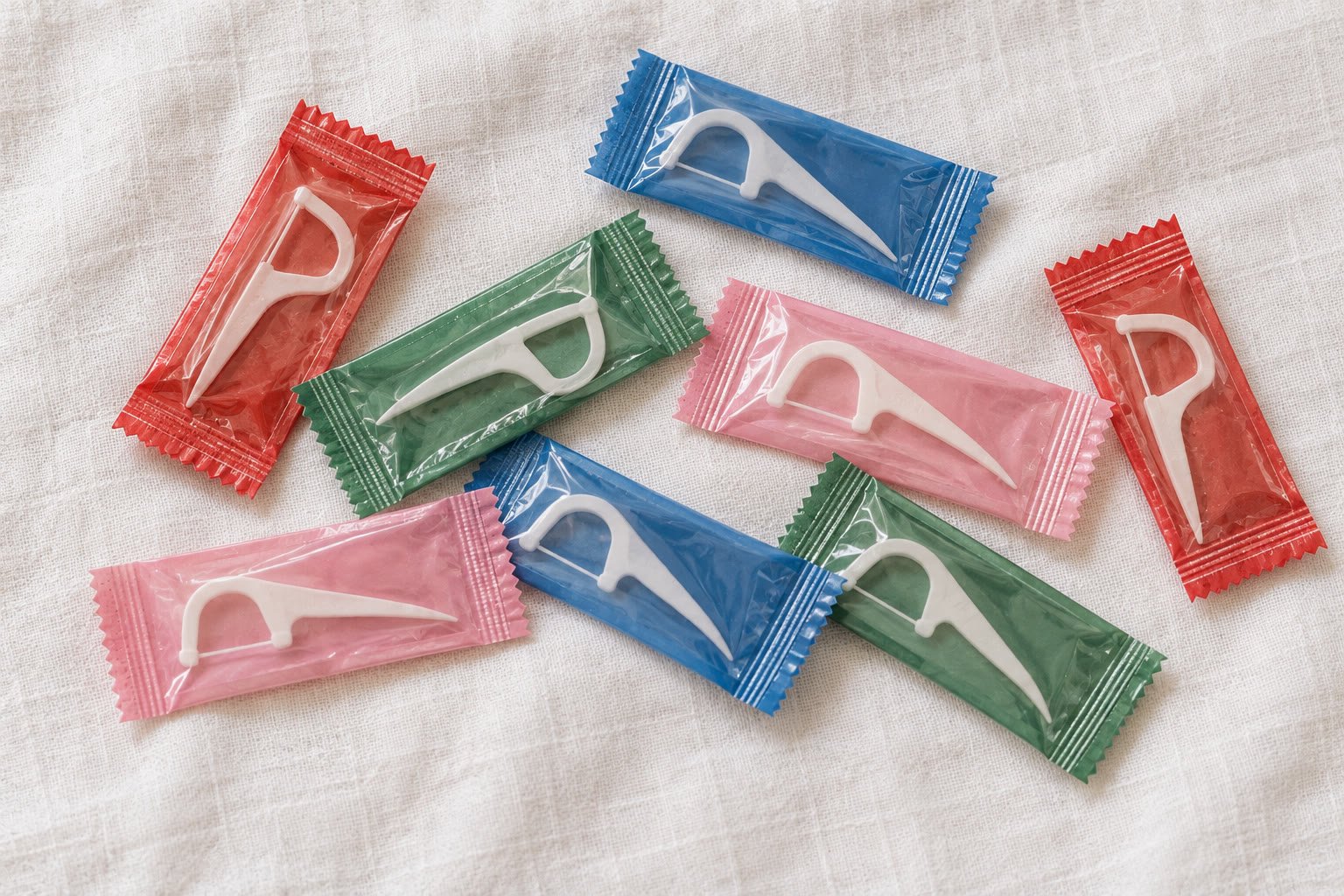Assorted individually wrapped dental floss picks in red, blue, green, and pink on a white surface.