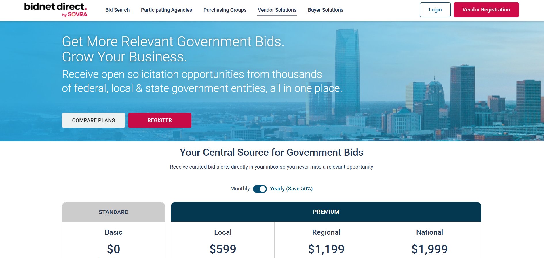 Bidnet direct website displaying government bid solutions and various pricing plans for vendors.