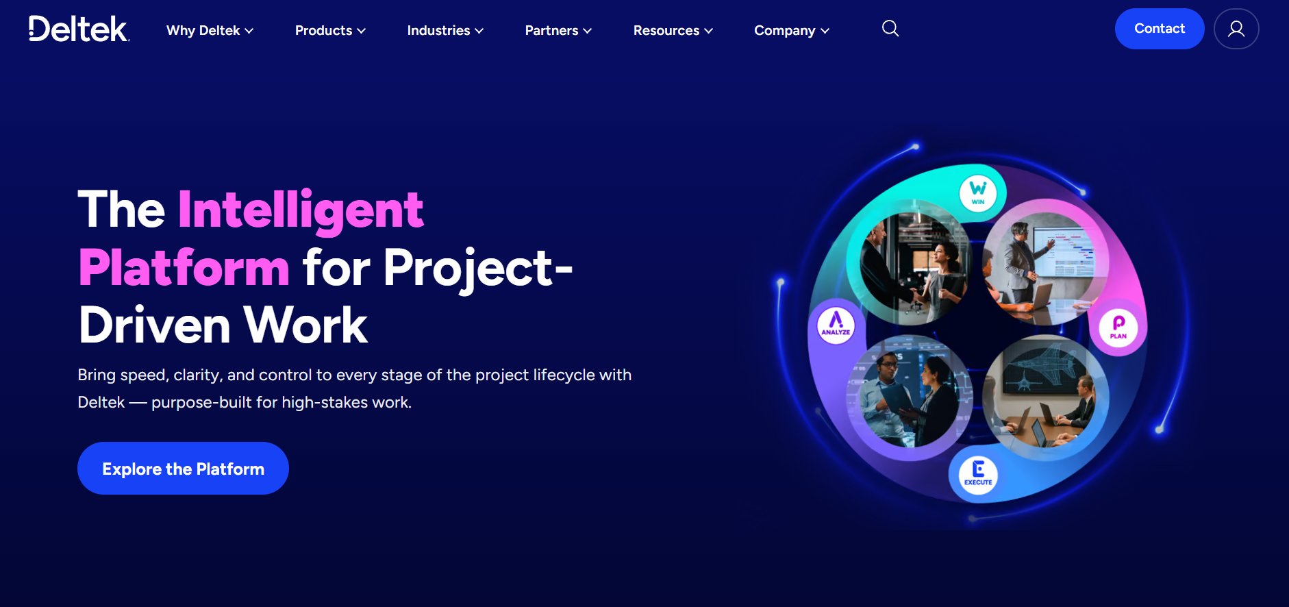 Deltek's intelligent platform for project-driven work, with a circular graphic showing project lifecycle stages.