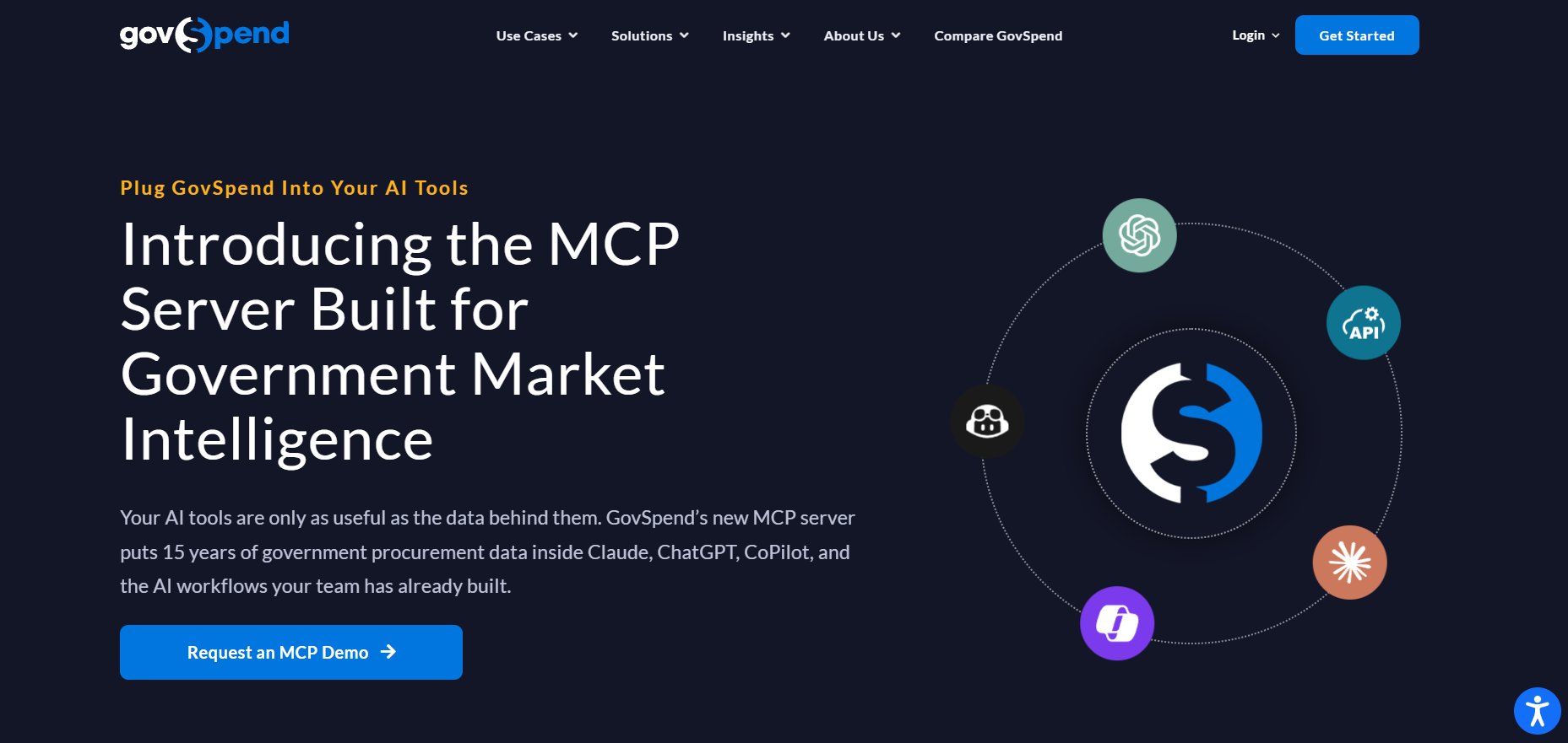 GovSpend homepage introducing MCP Server for government market intelligence, showcasing AI tool integrations.