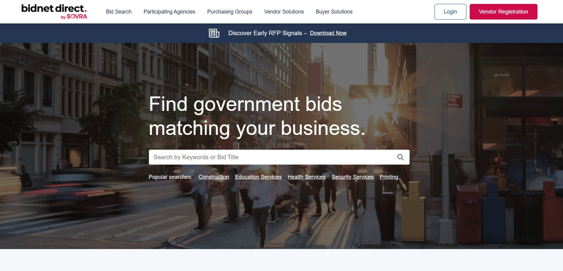 A website homepage for Bidnet Direct by SOVRA, offering government bid search and popular categories.