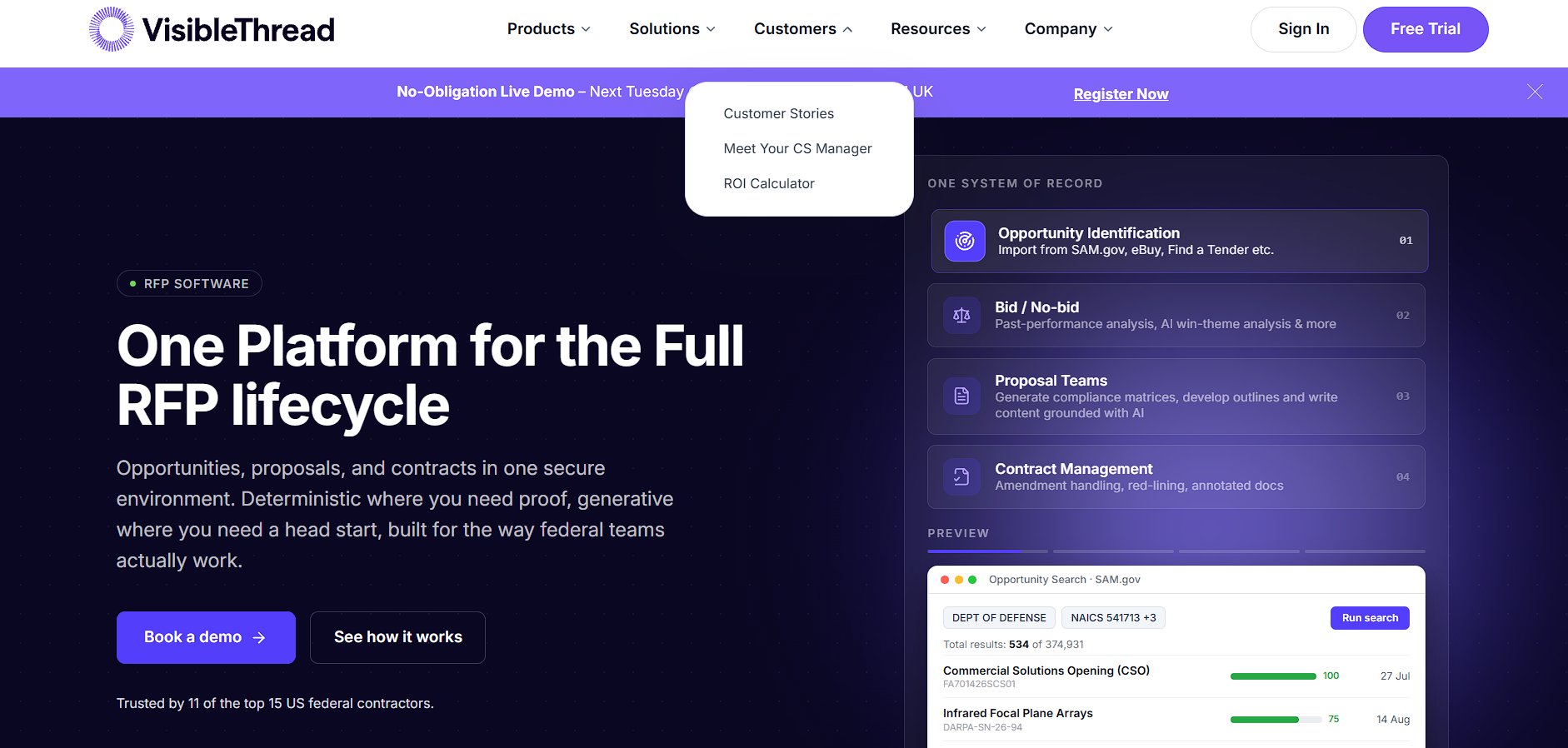 VisibleThread's homepage displaying RFP software features, customer resources, and a demo.