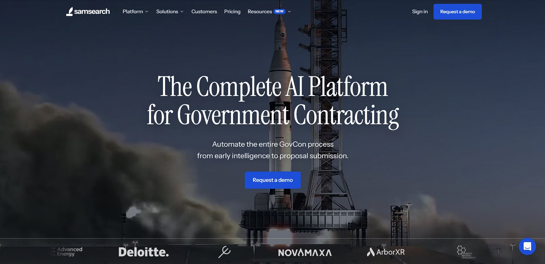 Samsearch website displaying a rocket launching, promoting an AI platform for government contracting.