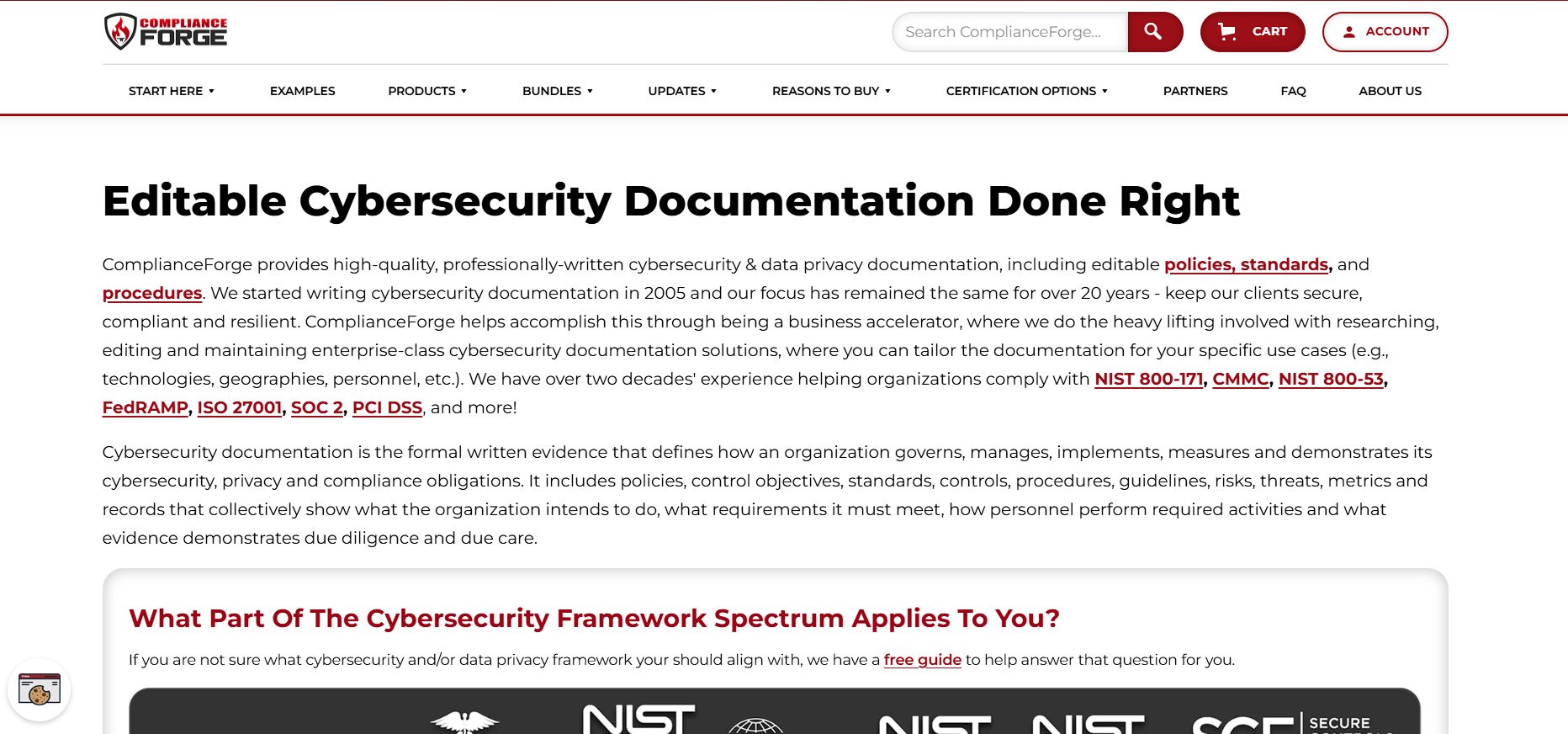 Webpage showcasing ComplianceForge's editable cybersecurity documentation, policies, standards, and procedures, referencing various compliance frameworks.