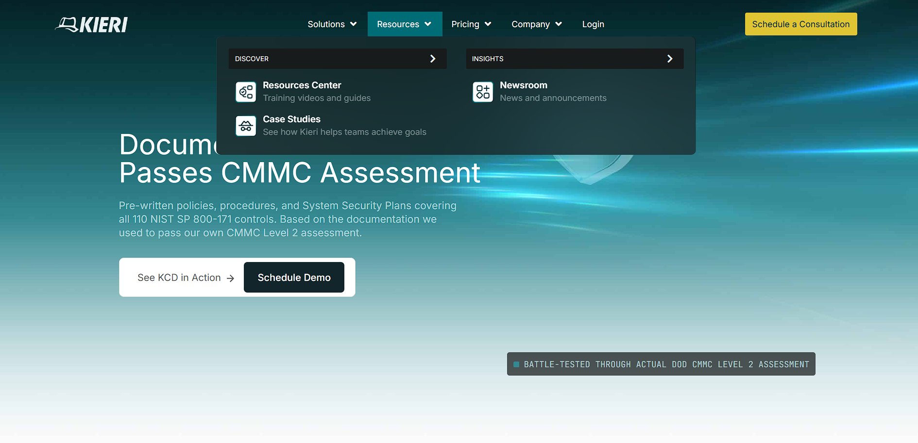 A Kieri webpage displaying a navigation menu with an open 'Resources' dropdown and details about CMMC assessment.