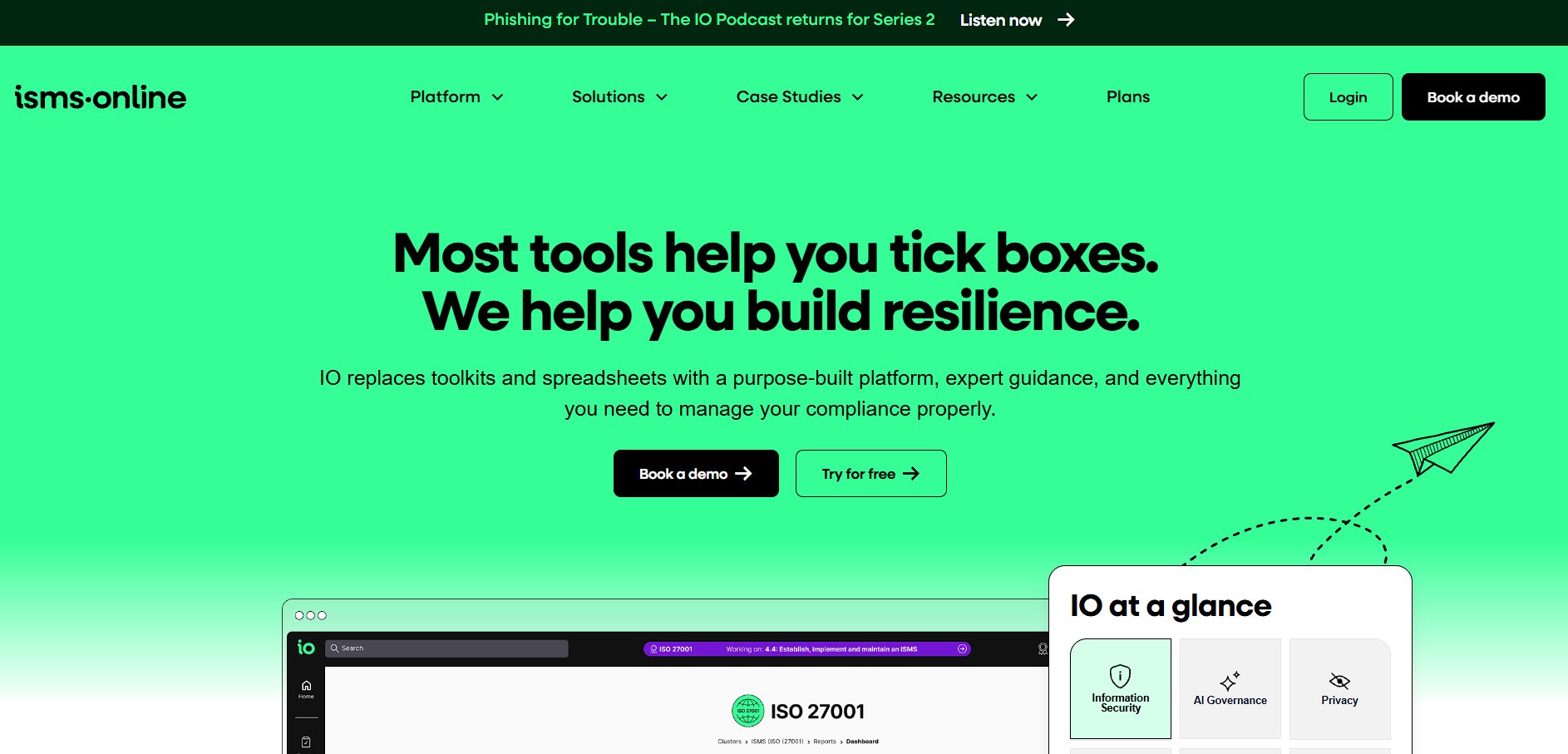 Homepage for isms.online, a compliance management platform, featuring the headline 'We help you build resilience' and a dashboard view.
