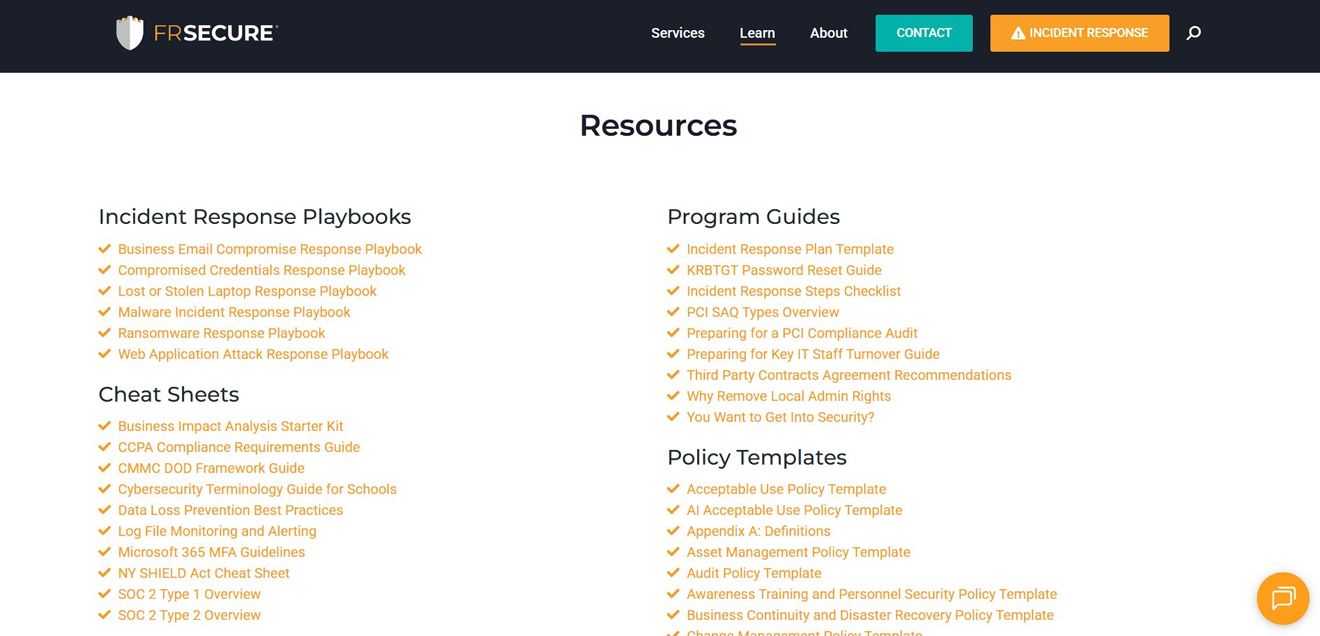 Webpage displaying security resources, incident response playbooks, program guides, and policy templates.