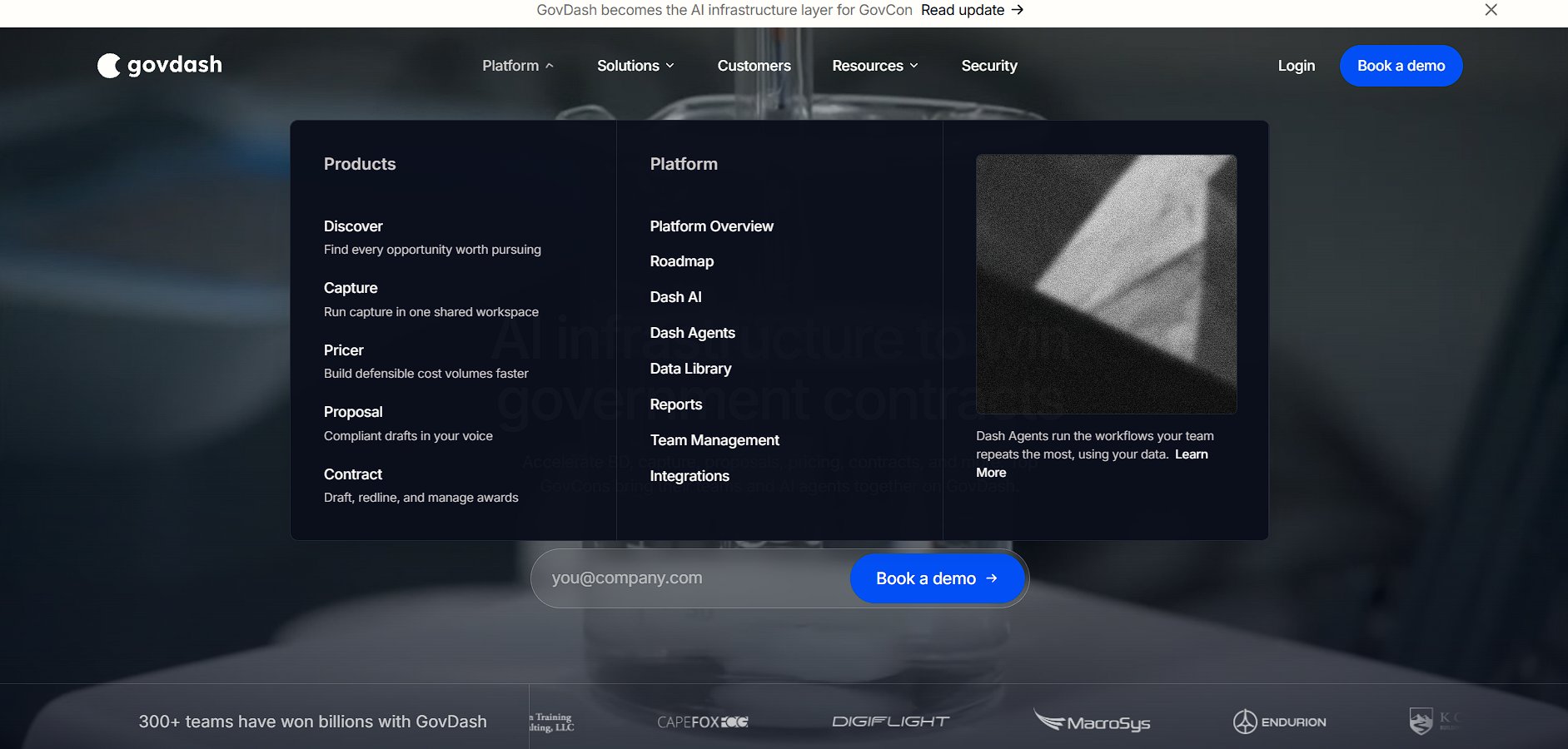 A GovDash website navigation dropdown menu displaying products and platform features for government contracting.