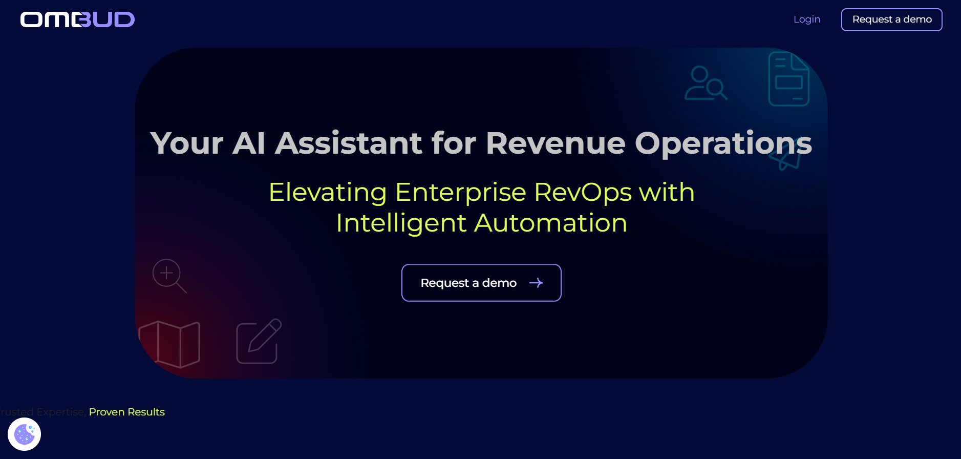OMBUD homepage featuring an AI assistant for revenue operations, with options to login or request a demo.