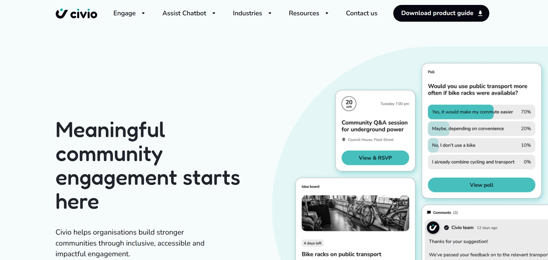 Civio website homepage featuring community engagement tools like polls, Q&A sessions, and idea boards.