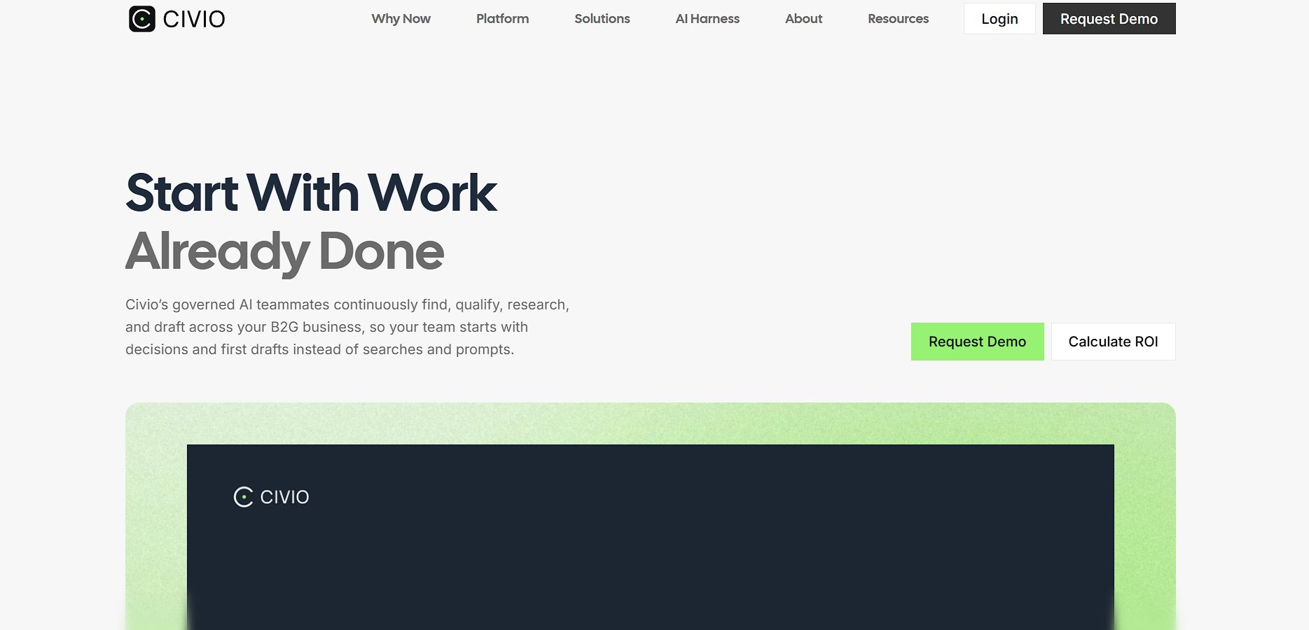 Screenshot of the Civio website homepage, showing AI automation description and call-to-action buttons.