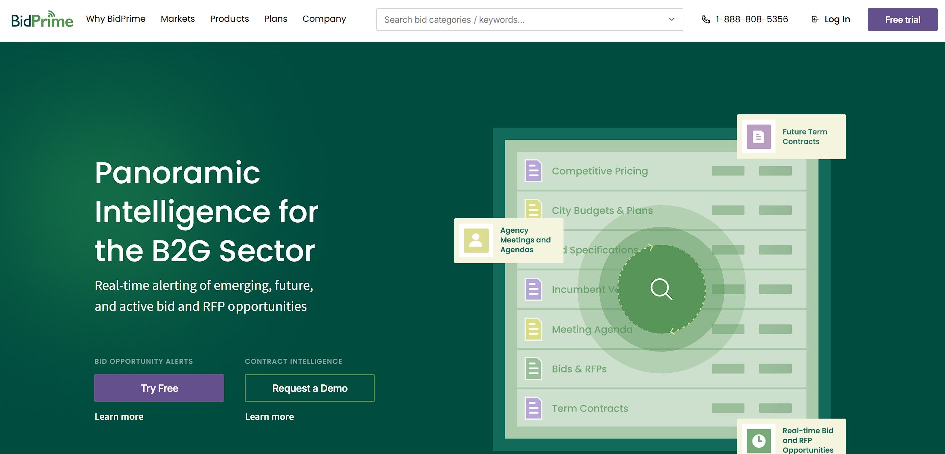 BidPrime homepage displaying B2G intelligence features, competitive pricing, bids, RFPs, and contract opportunities.