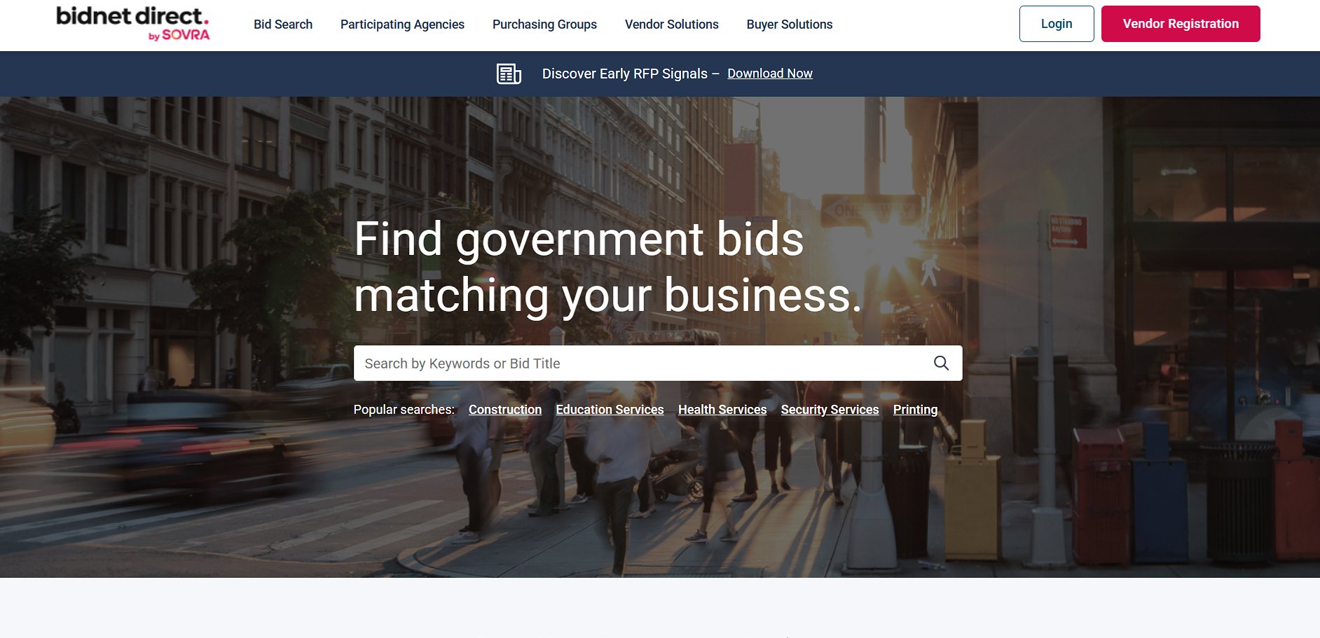 Homepage of Bidnet Direct by SOVRA, showing a search bar for government bids and popular search categories.