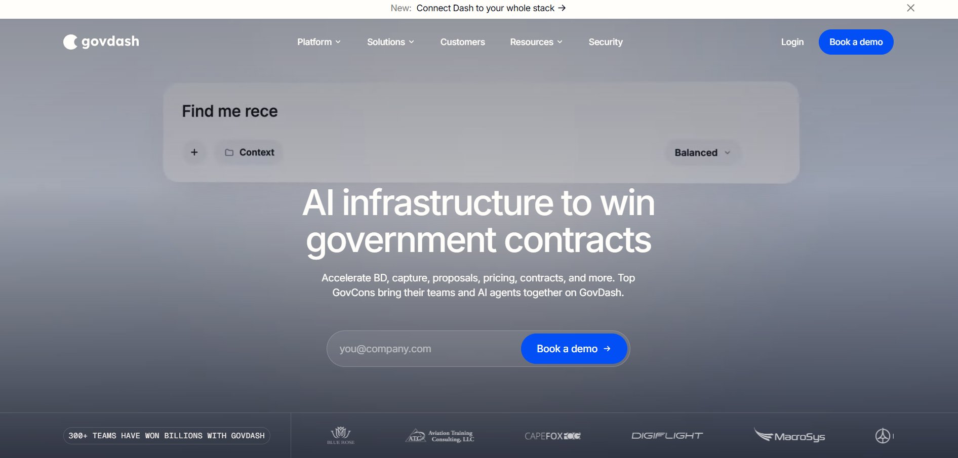 GovDash website homepage displaying AI infrastructure for winning government contracts, featuring a search bar and demo signup.