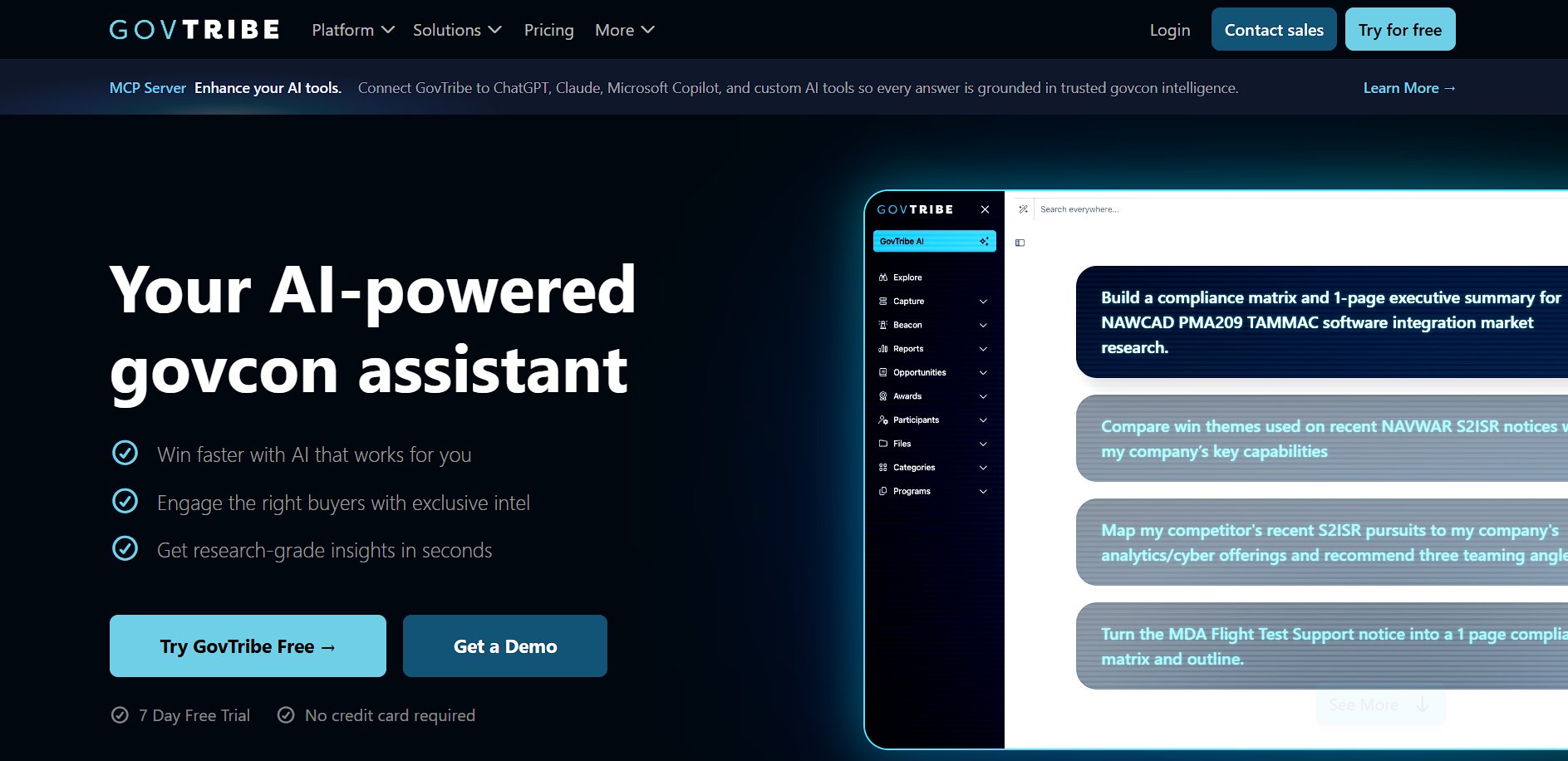 GovTribe website showcasing its AI-powered government contracting assistant with features and example queries.