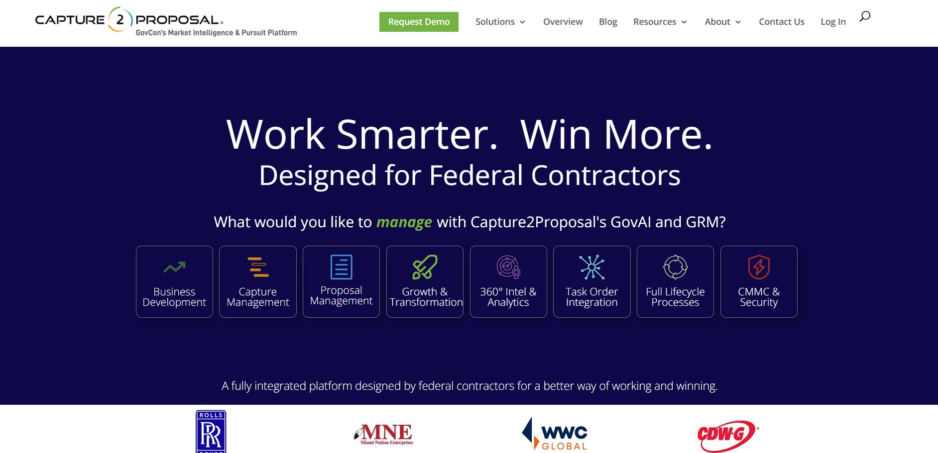 Capture2Proposal website showing federal contractor software features like proposal management and business development.
