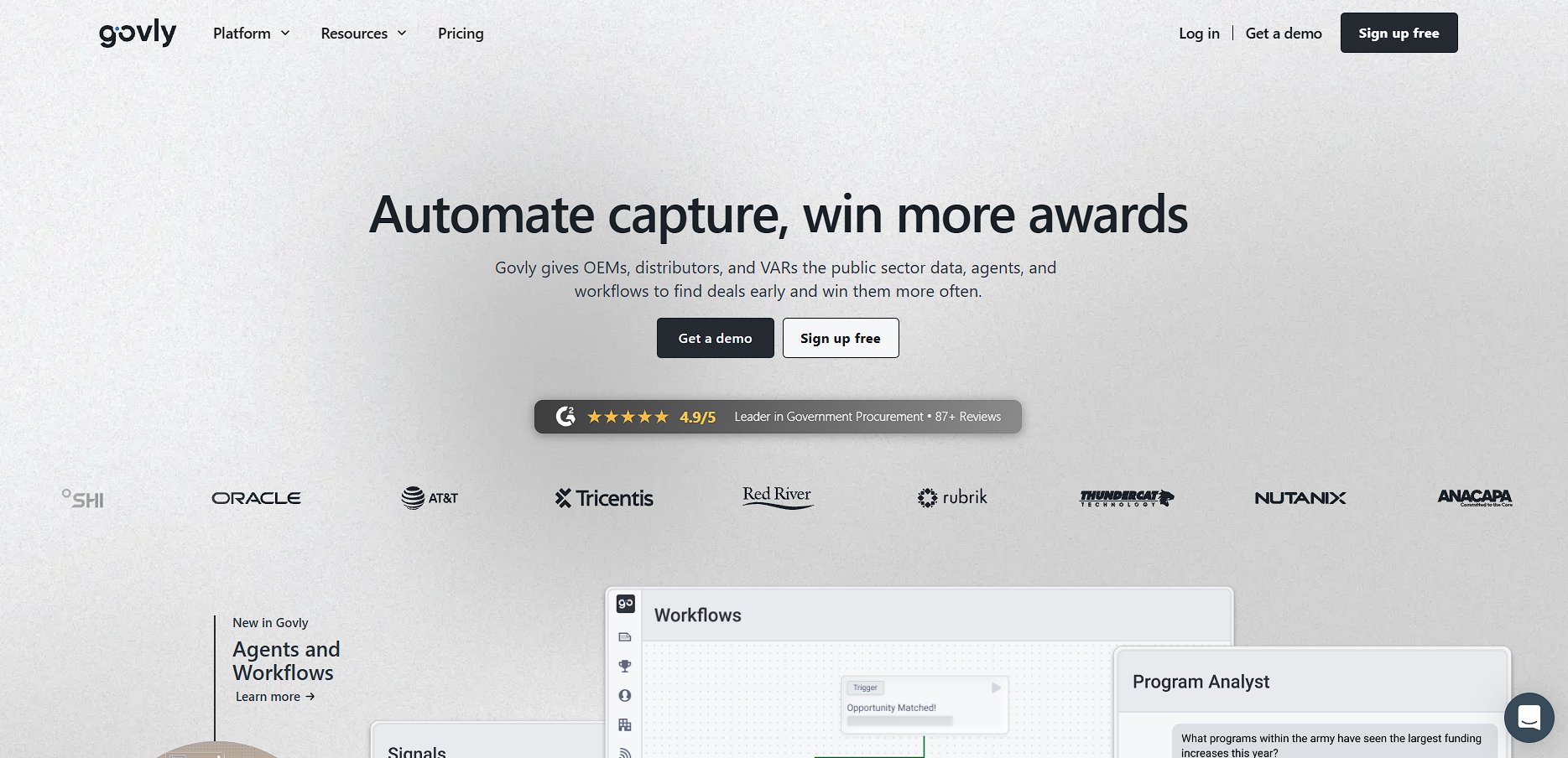 Govly's homepage highlights features for government contractors, including automation, workflows, and partner logos.