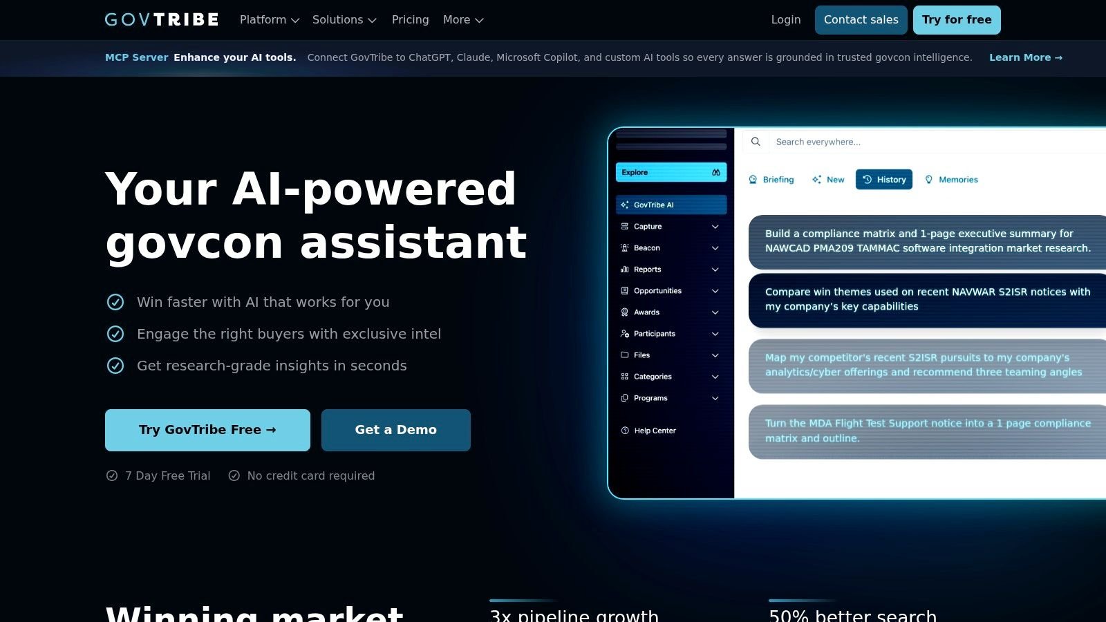 GovTribe website showcasing an AI-powered government contracting assistant with a user interface and key features.