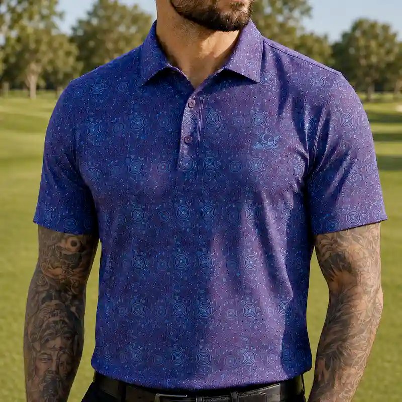 Close-up of a man wearing a blue patterned golf polo shirt with visible tattoos on a golf course.